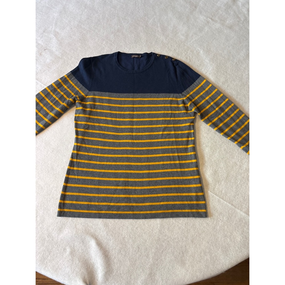 J.McLaughlin Womens Navy Grey Yellow Striped Shoulder Button Sweater Size M